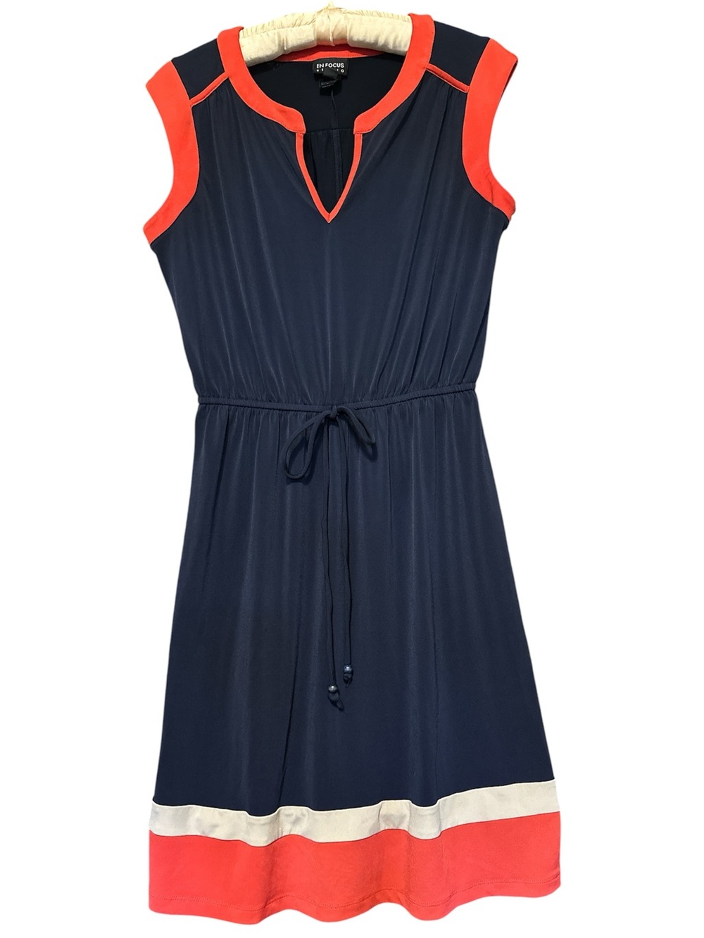 Enfocus Studio Navy Dress with Coral and Cream Trim SZ 8